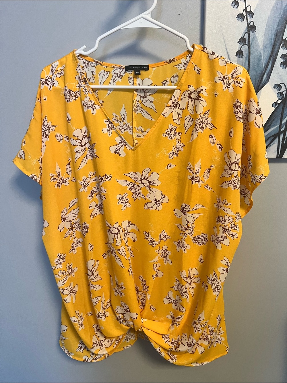 West Kei Yellow Floral Twist-Front V-Neck Blouse